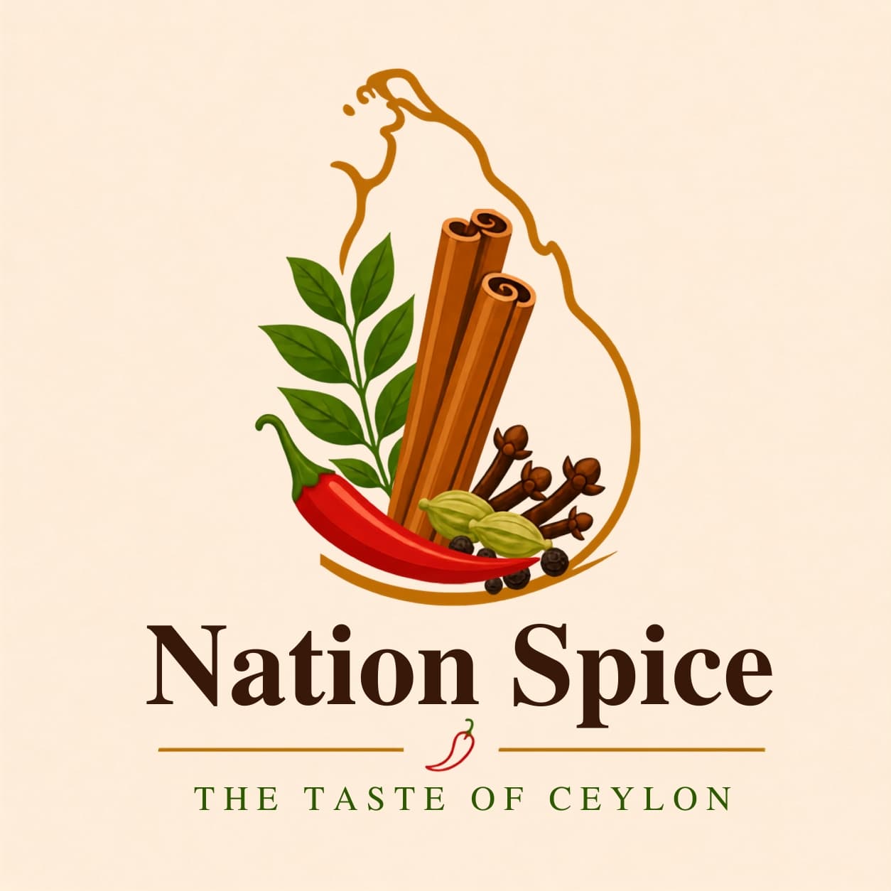 Nation Spice logo featuring the outline of Sri Lanka with cinnamon, chilli, curry leaves, cloves, cardamom and pepper